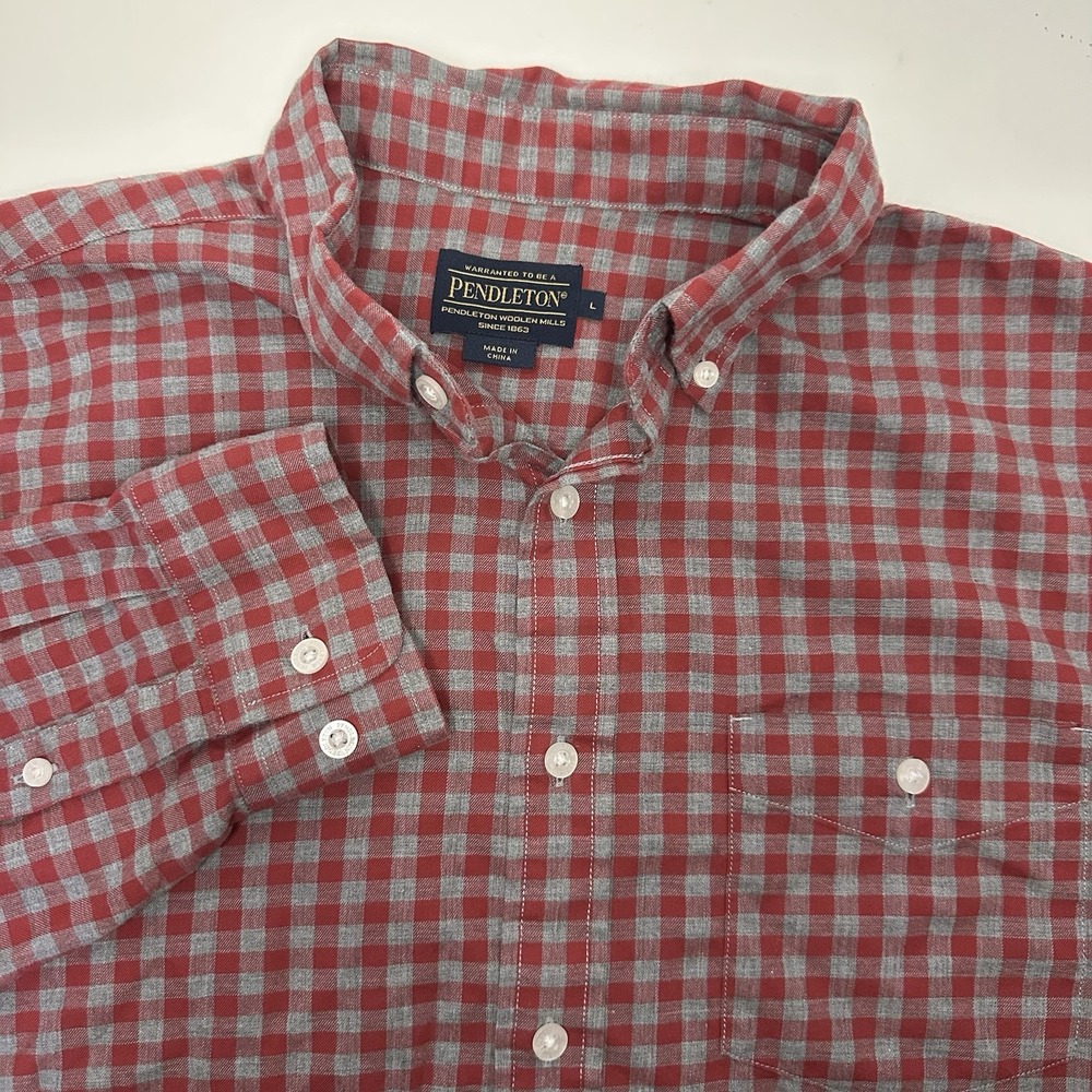 Pendleton Long Sleeve Button Down Red Gray Plaid Shirt Men's Size Large L Cotton